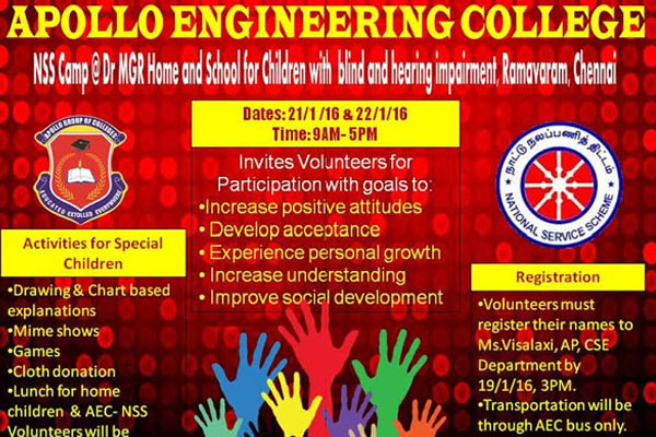 Report of 2 Days NSS Day Camp to DR. M. G. R. Home & Higher Secondary School for the Speech & Hearing Impaired, Ramavaram, on 21 -  22 Jan 2016